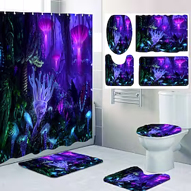 4 stk dusjgardinsett med teppe marmor toalettlokk dekselsett med sklisikre teppe badematte for bad, fantastisk og skummel skog digital, polyester, vanntett