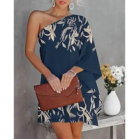Dame Uformell kjole Mini kjole Blad Fjær Navy brev 3/4 ermer Trykt mønster Trykt mønster Vinter Høst Enskuldret Mote Helg Løstsittende 2023 S M L XL 2XL 3XL