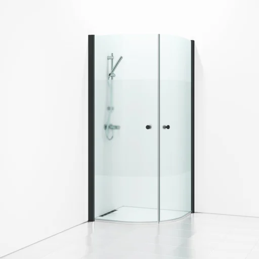 Svedbergs Skoga buet dusjhjørne 90 x 90 cm, halvfrostet glass/matt sort, m/knoppgrep