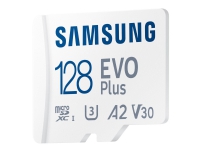 Samsung EVO Plus MB-MC128KA - Flashhukommelseskort (microSDXC til SD adapter inkluderet) - 128 GB - A2 / Video Class V30 / UHS-I U3 / Class10 - microSDXC UHS-I - hvid