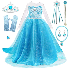 barn jenter elsa frozen kostyme kjole paljett floral performance fest blå maxi langermet prinsesse søte kjoler høst vinter normal passform 3-10 år