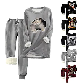 Dame Pluss størrelse Topper Fleece Sett Dyr Katt Trykt mønster Langermet Crew-hals Fritid Teddy Hjem Feriereise Polyester Vinter Høst Svart og Hvit Svart