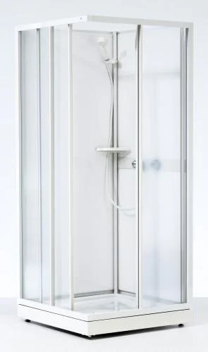 Ifø Next dusjkabinett 80x80 cm, NKH-L (lav modell) m/ skyvedører i diskret mønstret styren. Bakparti i hvit styren m/hvitlakkerte profiler