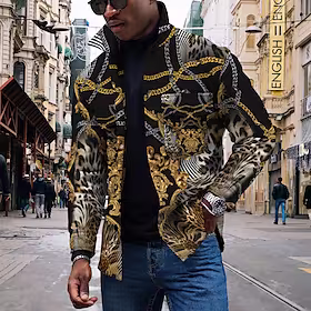 Herre Flanell skjorte Skjorte med knapp ned Skjorte med krage Skjorte jakke Leopard Trykt mønster Aftæpning Gul 3D-utskrift utendørs Gate Langermet Lomme Trykt