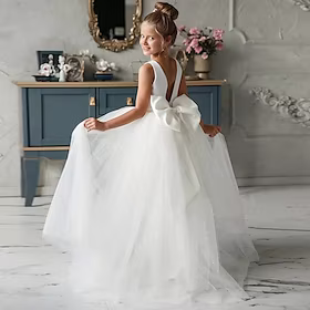 Barn Litt Jente Kjole Ensfarget Kjole med A-linje Ytelse Bryllup Fest Netting Åpen rygg Sløyfe Hvit Bomull Tyll Asymmetrisk Ermeløs Elegant Prinsesse Søt Kjole