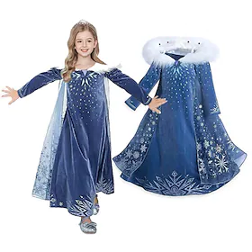 barn jenter elsa frozen snowflake kostyme kjole pelskrage a line kjole ytelse fest marineblå midi langermet prinsesse søte kjoler høst vinter normal passform 3