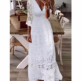 dame blondekjole svingkjole boho kjole lang kjole maxi kjole hvit 3/4 lengde erme ren farge hul ut vinter høst vår v hals mote bryllup vinter kjole bryllup gje