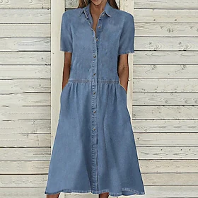 Dame Uformell kjole Skiftkjole Denim skjortekjole Maxikjole Denimstoff Grunnleggende Fritid utendørs Daglig Feriereise Skjortekrage Knapp Lomme Kortermet Høst