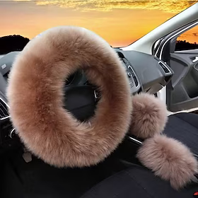 3stk sett dame vintermote ullpels myk furry rattdeksler svart fluffy håndbremsedeksel girskiftdeksel fuzz varmt sklisikker bildekorasjon langt hår
