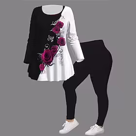 dametopper sett med blomstertrykk langermet rund hals uformelt daglig gå ut polyester vinter høst mørk gul svart