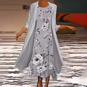 Dame Kjolesett Todelt kjole Chiffonkjoler Midikjole Grå 3/4 ermer Blomstret Chiffon Vinter Høst Crew-hals Stilfull Helg Løstsittende 2023 S M L XL XXL