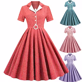 kvinners 1950-talls audrey hepburn swingkjole bomullsblanding blusset kjole retro vintage graf sjekke fargeblokkering dailywear teselskap uformell daglig korte