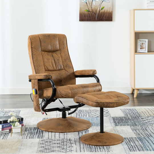 vidaXL massagestol med fodskammel brun imiteret ruskind