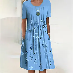 Dame Uformell kjole T skjortekjole Skiftkjole Midikjole Blå Grønn Kortermet Blomstret Rynket Høst Vår Sommer Crew-hals Grunnleggende Daglig Helg 2023 S M L XL