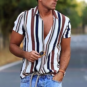 herreskjorte stripet krage street daglig button-down print kortermede topper avslappet mote pustende komfortabel hvit / sommer