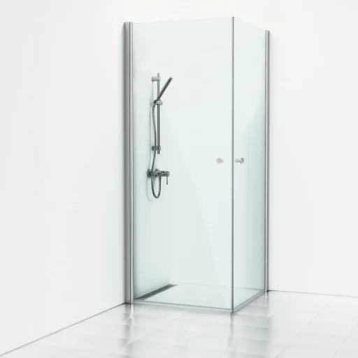 Svedbergs Skoga dusjhjørne 90 x 90 cm, høyde 225 cm, klart glass/blank alu, m/knoppgrep