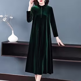 kvinners fløyelskjole grønn midikjole grønn langermet ren farge knapp vinter høst høy hals elegant høstkjole 2023 m l xl xxl 3xl vinterkjole