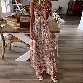 Dame Kjole med stropper Kjole med A-linje Lang kjole Maxikjole Hvit Rød Blå Kortermet Blomstret Trykt mønster Vår Sommer Spagettistropper Ferie 2023 S M L XL X