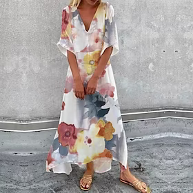kvinners a line kjole maxi lang kjole hvit halvermet floral tie dye ruched print vårsommer v-hals uformell ferie 2022 3xl