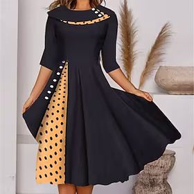 Dame Uformell kjole Swingkjole Knelang kjole Svart Rød Navyblå Halvlange ermer Ruter Lomme Høst Vår Crew-hals Elegant Løstsittende 2023 S M L XL XXL