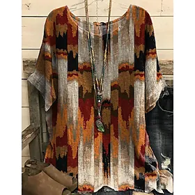 Dame Pluss størrelse Topper Bluse T skjorte Grafisk Trykt mønster Kortermet Rund hals Grunnleggende Daglig Helg Bomull Vår Sommer Blå Lilla / Store størrelser