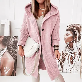 Dame Cardigan Genser Jumper Strikke Knapp Strikket Helfarge Med hette Stilfull Fritid Daglig Helg Vinter Høst Grønn Rosa S M L / Langermet / Normal