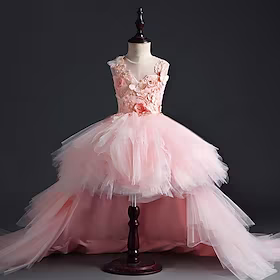 barn små jenters kjole ensfarget blomst en linje kjole fest ytelse ruched mesh rosa knelang ermeløs prinsesse søte kjoler sommer normal passform 2-8 år