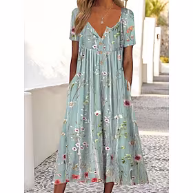 Dame Uformell kjole Midikjole Grønn Kortermet Blomstret Rynket Vår Sommer V-hals Fritid Helg 2023 S M L XL XXL 3XL
