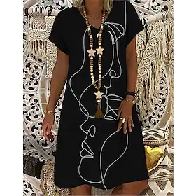 dameskiftkjole midikjole svart kortermet print print vårsommer v-hals casual 2023 s m l xl xxl 3xl