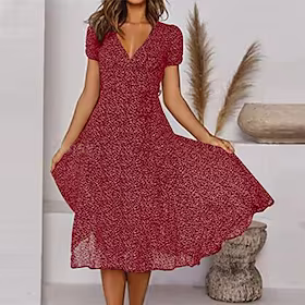 Dame Uformell kjole Swingkjole Floral kjole Midikjole Svart Vin Rød Kortermet Blomstret Drapering Vår Sommer V-hals Fritid Helg Løstsittende 2023 S M L XL XXL