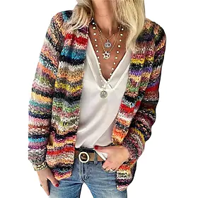 Dame Cardigan Genser Jumper Heklet Strikke Strikket Regnbue Åpen Forside Stilfull Fritid utendørs Daglig Vinter Høst Blå Rød S M L / Langermet / Ferie / Normal