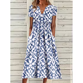 Dame Uformell kjole Skiftkjole Midikjole Blå Kortermet Geometrisk Lomme Vår Sommer V-hals Grunnleggende Daglig Feriereise Sommerkjole 2023 S M L XL XXL 3XL