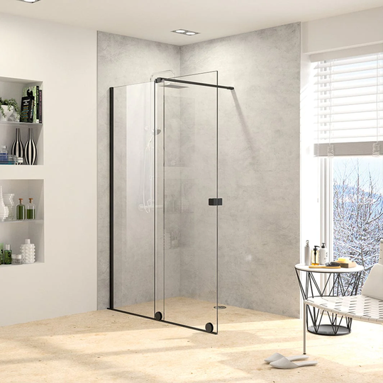 Alterna Pureday Walk-in Dusj med Klart Glass - B110-180cm Svart Matt / 120-140cm Venstre Hengslet