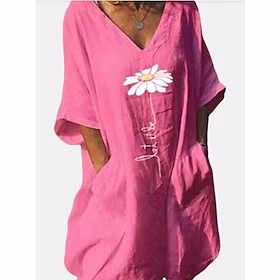 Dame T skjortekjole Midikjole Militærgrønn Svart Rosa Halvlange ermer Blomsternål i krystall Trykt mønster Høst Vår V-hals Grunnleggende Løstsittende S M L XL
