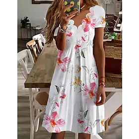 Dame Uformell kjole Floral kjole Mini kjole Hvit Kortermet Blomstret Rynket Vår Sommer V-hals Grunnleggende 2023 S M L XL XXL 3XL
