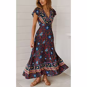 kvinners fritidskjole svingkjole boho kjole lang kjole maxi kjole rød marineblå kortermet blomstertrykk vår sommer v-hals 2023 s m l xl