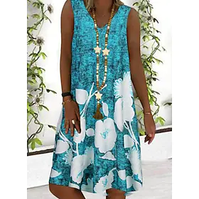 Dame T skjortekjole Skiftkjole Floral kjole Midikjole Blå Grå Ermeløs Blomstret Trykt mønster Vår Sommer V-hals Grunnleggende Daglig Feriereise 2023 S M L XL X