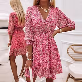 Dame Uformell kjole Floral kjole Mini kjole Rosa Blå Grønn Halvlange ermer Blomstret Rynket Høst Vår V-hals Stilfull 2023 S M L XL XXL