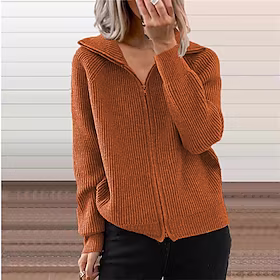Dame Cardigan Genser Jumper Riflet Strikke Glidelås Strikket Ren farge Skjortekrage Stilfull Fritid utendørs Ut på byen Vinter Høst Oransje Mørkegrå S M L / Bo
