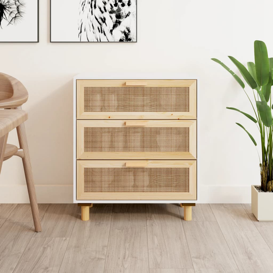 vidaXL skænk 60x30x70 cm massivt fyrretræ og naturlig rattan hvid