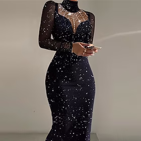 semi-formell festkjole for kvinner bodycon sheath kjole midikjole svart langermet ren farge mesh vinter høst vår turtleneck mote slim 2023 s m l xl