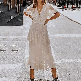 Dame Festkjole Blonde kjole Swingkjole Lang kjole Maxikjole Hvit Kortermet Ren farge Blonde Vår Sommer V-hals Elegant 2022 S M L XL XXL 3XL