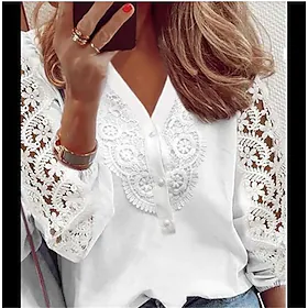 Dame Skjorte Bluse Hvit Rosa Grafisk Blomstret Blonde Utskjæring Langermet Arbeid Avslappet Elegant V-hals Normal S