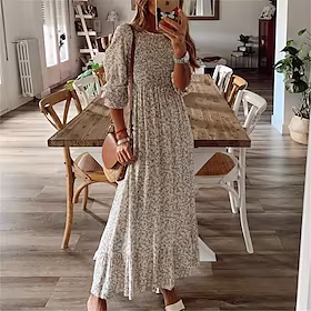 fritidskjole for kvinner svingkjole lang kjole maxi-kjole beige 3/4-ermet blomstertrykk vinter høst høst rund hals moderne helg s m l xl xxl 3xl