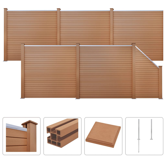 vidaXL hegnssæt WPC 5 firkantede + 1 skrå 973 x 187 cm brun