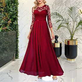 formell festkjole for kvinner blondekjole lang kjole maxi kjole grønn vin marineblå svart 3/4 lengde erme ren farge blonder rynket vinter høst rund hals elegan