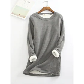 dametopper fleece t-skjorte T-skjorte genser ensfarget langermet rund hals basic casual daglig gå ut bomullsblanding vinter høst vin rød stor rød