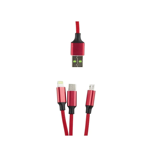 3 in 1 Micro-USB, Type-C, Lightning to USB 1,2m - Rød