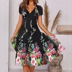 Dame Uformell kjole Swingkjole Midikjole Svart Rød Oransje Kortermet Blomstret Trykt mønster Vår Sommer V-hals Stilfull 2023 S M L XL XXL 3XL