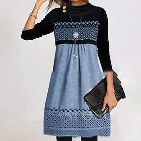 kvinners fritidskjole midikjole blå rosa grå langermet geometrisk trykk print vinter høst turtleneck basic casual høstkjole 2023 s m l xl xxl 3xl 4xl 5xl